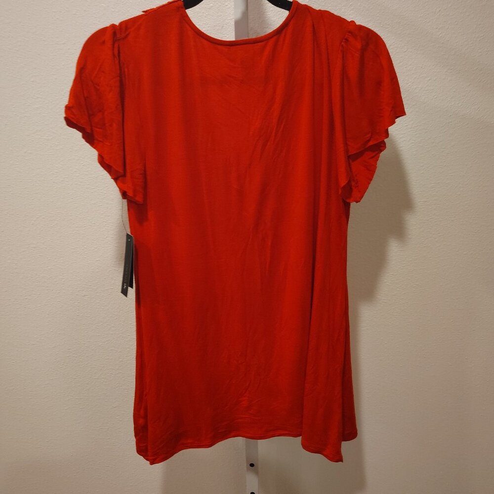 AB Studio Women's Red Top Size Large NWT Deep V-Neck Short Sleeve Beads - Picture 8 of 11